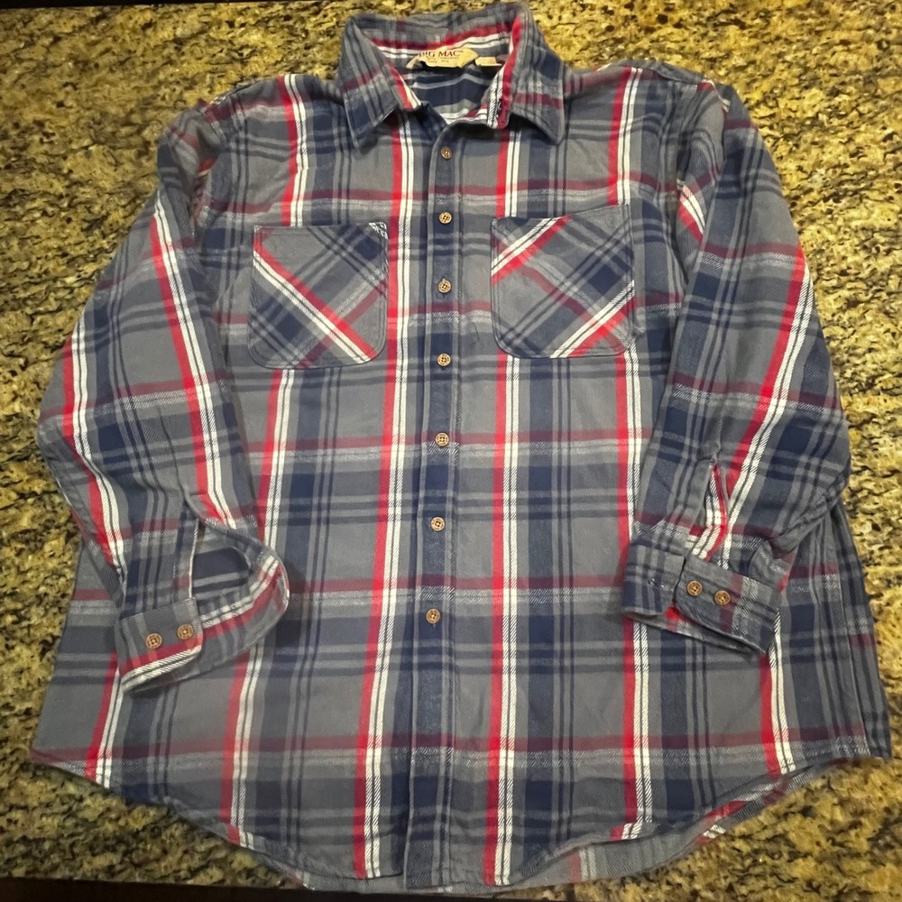 Big Mac Workwear Mens Blue Red Plaid Flannel Button Down Shirt XL Tall